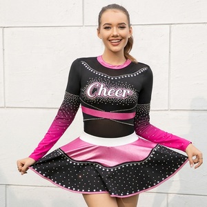 Conjunto de uniforme de porristas para mujeres niñas manga larga gradiente Rosa negro diamantes de imitación brillo Cheer Outfit Skir Performance Wear - Product Image 4