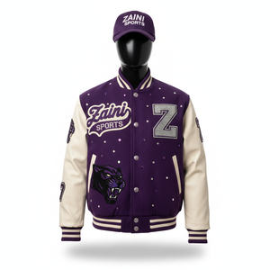 Veste universitaire en laine de haute qualité avec manches en cuir PU Logo de broderie en chenille personnalisé Veste universitaire de couleur violette pour hommes - Product Image 1