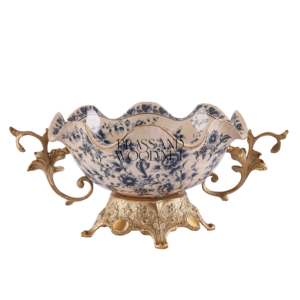 Cuenco para servir de latón antiguo, cuerpo de porcelana con diseño floral azul, asas doradas adornadas y base, centro de mesa decorativo de lujo - Product Image 2