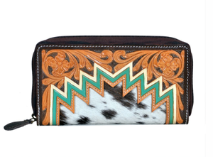 Handmade Genuine Leather Hair On Hide <b>Zip</b> Around <b>Wallet</b> Western Tooled Organizer Clutch Purse RFID Travel <b>Wallet</b> for Women - Product Image 2