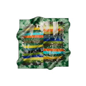 Vintage Digital Print <b>Green</b> <b>Silk</b> Square Scarf with Geometric Pattern - Product Image 1