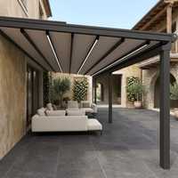Pergola autoportante moderne et durable en alliage d'aluminium, résistante au vent, avec auvent rétractable électrique en PVC et télécommande LED