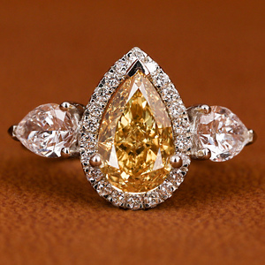 Yellow Pear Cut Lab Created Diamond Three Stone Halo Engagement Ring Round Cut Diamond 14KT <b>Solid</b> Gold Anniversary Gift Ring - Product Image 1