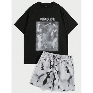 Vente en gros Ensemble décontracté 2 pièces à manches courtes et shorts pour hommes, imprimé Lèvres et lettres pour l'été - Product Image 5