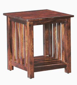 Table d'appoint carrée en bois massif jambe à lattes étagère ouverte finition brun clair moderne assemblé pour salon chambre meubles appartement - Product Image 1