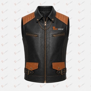 Tiierwear <b>Men's</b> <b>Black</b> Leather Look Moto <b>Vest</b> With Brown Accents Zipper Front Pockets Chains Turn-down Collar Autumn Winter Outer - Product Image 4