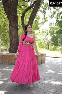 La plus belle impression numérique Leheriya fonctionne avec kutchi Patchwork en fausse Georgette Long Anarkali Readymade Fancy Gowns Design - Product Image 5