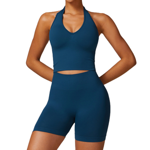 Pantalones cortos de motorista de gimnasio de cintura alta personalizados, recién llegados, ropa deportiva de verano para mujer, conjunto de ropa de Yoga sin costuras, conjunto de entrenamiento - Product Image 1