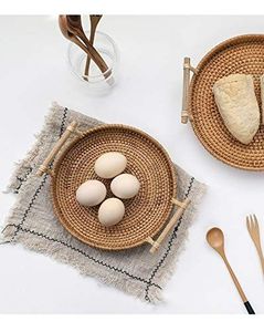 Plateau de service en jute de rotin décoratif fait à la main avec finition en incrustation d'os Ensemble de 3 plateaux de serveur de nourriture de forme arrondie - Product Image 5