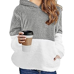 Womens Fuzzy Color-Block <b>Sherpa</b> <b>Hoodie</b> Soft Plush Fleece Pullover Long Sleeve Cozy Trackstar OEM Private Label - Product Image 3