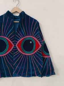 Veste en velours Suzani œil porte-bonheur faite à la main, réversible, écologique, à manches courtes, pour l'hiver, avec protection spirituelle - Product Image 3
