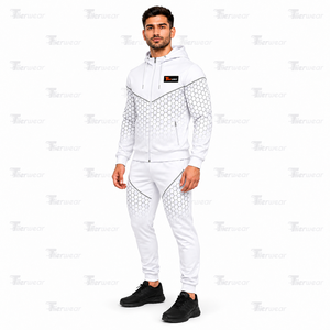 Conjunto deportivo sublimado para hombre, con sudadera con capucha blanca con cremallera y estampado geométrico, conjunto de 2 piezas para correr y hacer ejercicio. - Product Image 2