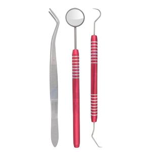 Kit d'examen dentaire en acier inoxydable de haute qualité, ensemble de 3 pièces, couleur rouge anodisé - Product Image 1