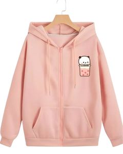 Sudadera con Capucha y Cremallera con Estampado de Panda Rosa para Mujer, Sudadera Holgada Informal de Calle, Chaqueta de Invierno a la Moda para Chicas - Product Image 1