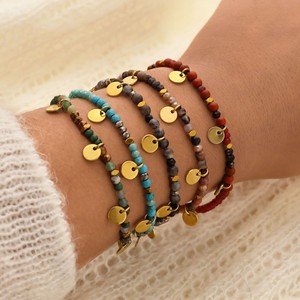 Jour de perles faites à la main français Bracelet en <span class=keywords><strong>pierre</strong></span> naturelle disque bijoux de mode acier inoxydable plaqué or 18K - Product Image 1