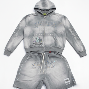 Custom Mens gray Acid Wash zip up Hoodie Shorts Tracksuit <b>Set</b> rhinestone Streetwear Heavyweight OEM Private Label B2B Maker - Product Image 5