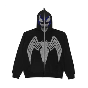 Sudadera con capucha y cremallera de cara completa para hombre con estampado de calavera y diamantes de imitación y logotipo personalizado OEM, ropa de calle hecha a medida, sudadera con capucha y cremallera de algodón polar de gran tamaño - Product Image 1