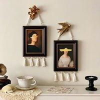 Cadre mural vintage fait main personnalisé avec pompons, décoration abstraite de luxe couleur crème française, cadre photo avec chaîne perlée