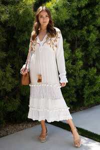 Wholesale Solid <b>Bohemian</b> Embroidered White Lace <b>Maxi</b> <b>Dress</b> Women Natural Waist Long Fringe Sleeve Floral Beach Festival Wear - Product Image 5