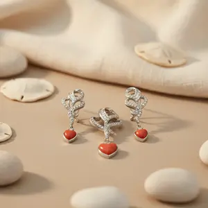 Conjunto de Pendientes Románticos con Colgante de Corazón Plateado con Gema de Coral y Diamante para Compromiso, Boda, Aniversario o Fiesta - Product Image 1