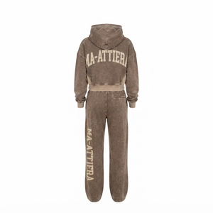 Custom <b>Women</b> Washed Oversized Cropped Hoodie and Wide Leg <b>Sweatpants</b> Two Piece Tracksuit Set - Product Image 3