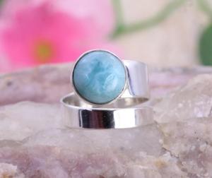 Anillo de Larimar de plata 925 de estilo clásico para mujer, piedra preciosa cortada, declaración, compromiso de boda, regalo de aniversario, ajuste de bisel con incrustaciones - Product Image 4