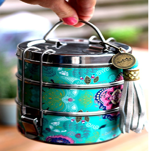 Boîte à lunch boho, imprimé paisley turquoise, 3 étages, porte-repas en acier inoxydable, pompon décoratif, disponible à prix de gros. - Product Image 1
