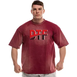 Artı boyutu puf baskılı asit yıkama güneş soluk T Shirt erkek toptan Vintage spor Fitness kısa kollu asit yıkama T Shirt