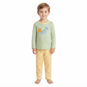 Longlv Ensemble pyjama en coton pour garçons, haut à manches longues avec dessin animé de dinosaure vert, short à carreaux jaunes, 2-4 ans, vêtements décontractés, modèle 26-29 - Product Image 2