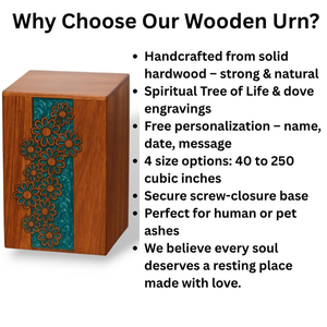 Urne funéraire en bois gravée florale incrustation de marguerites sarcelle urnes funéraires personnalisées pour cendres humaines - Product Image 3