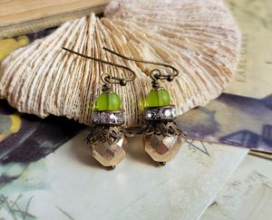 Pendientes de cristal checo verde oliva champán, Plata de Ley 925, chapado en oro de 14 quilates, estilo bohemio Shabby Chic, chapado en rodio para regalo - Product Image 1