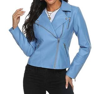 Chaqueta de cuero azul personalizada para mujer, chaqueta informal corta ajustada, ropa de calle, prendas de vestir de gran tamaño, algodón sólido teñido liso crudo - Product Image 5