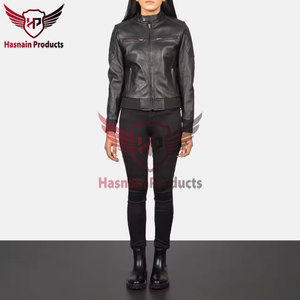 Veste en cuir véritable noir pour femme, col à boutons, en peau de mouton matelassée, poches zippées sur les épaules, style bomber, vêtement d'extérieur chaud personnalisé pour l'hiver - Product Image 3