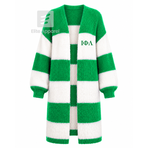 Cardigan long respirant personnalisé Iota Phi Lambda Sorority avec logo brodé sur le devant, vert et blanc, décontracté, manches longues pour femme - Product Image 1