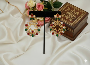 Boucles d'oreilles Polki Antique de Designer 8cm & 25gm Style Tendance pour les Tenues de Mariage et Vêtements Ethniques Création de Pierre Naturelle - Product Image 2