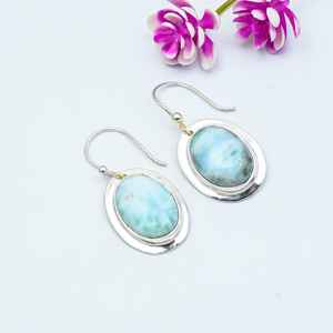 Boucles d'oreilles uniques en larimar, argent sterling 925, forme ovale, pendantes, pierres précieuses, bijoux en larimar, cadeau de Thanksgiving - Product Image 3