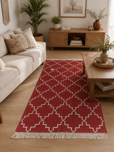 Tapis de couloir Kilim indien fait main en coton tissé plat, rouge, géométrique, moderne, hexagonal, épais, avec franges, pour salon et couloir - Product Image 4