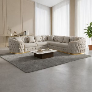 Modern Apartment Living Room Hotel <b>Sofa</b> Set Custom Upholstery High Density Sponge Cushioning Button Tufted Design <b>Wood</b> <b>Frame</b> Bed - Product Image 1