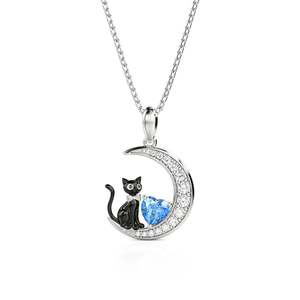 Jeulia Custom <b>Black</b> <b>Cat</b> Moon Necklace with Heart Birthstone for Engagement - Product Image 1