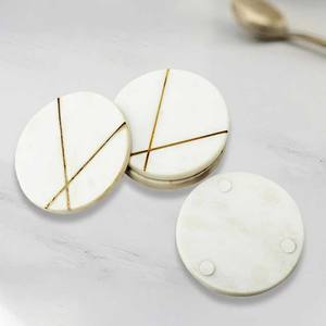 <b>White</b> Round Marble with Brass Inlay Luxury Tea Cup Stone Coaster Marble Stone & Metal Inlay Cup Coasters Custom Size - Product Image 3
