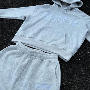 Design de broderie personnalisé pull-over épais 100% coton sweats à capuche gris et pantalons de survêtement baggy survêtement ensemble deux pièces jogging - Product Image 3