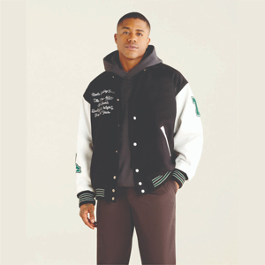 แจ็กเก็ตสีดำแขนสีขาวสำหรับผู้ชายแจ็คเก็ตเบสบอลปักลายตามสั่ง - Product Image 1