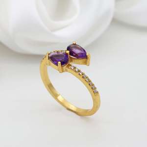 Amethyst Bypass Brass Ring 18k Gold Plated Zircon Dainty Wholesale Ring for women - Product Image 4
