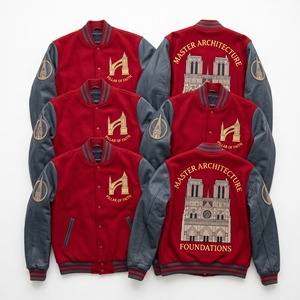 Fabricant de vestes universitaires personnalisées - Corps en laine rouge cramoisi, manches en cuir gris ardoise, broderie gothique architecture cathédrale, style Letterman - Product Image 1