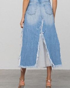 Falda midi vaquera de cintura alta para mujer, corte en A, color liso, con abertura frontal, estilo casual, tela de algodón desgastada, estilo veraniego - Product Image 1