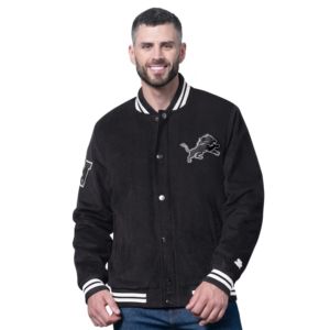 Veste de baseball universitaire en velours côtelé noir Detroit Lions Blackout pour homme, modèle Starter, personnalisable avec lettres d'équipe, entièrement boutonnée - Product Image 1