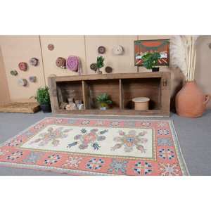 Tapis Vintage en Laine Turque Classique Rose Bleu 4x6ft Patchwork Grand Rectangle Latex Support pour Chambre Couloir Modèle Tapis - Product Image 2