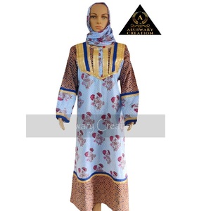 Elegant Full Length Multi Color Printed Muslim Jalabiya <b>Dress</b> for Women with Scarf Embroidered Chest Design Islamic Wear - Product Image 1