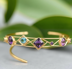 Blue <b>Amethyst</b> Square 10mm Blue Topaz Round Bangle 925 Sterling Silver 18K Gold Plated Every Wear Gift for Her - Product Image 1