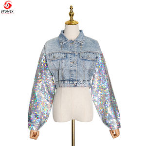 Femmes décontracté Denim veste revers col à manches longues Streetwear Patchwork Sequin tissu court coton imprimé en gros - Product Image 5